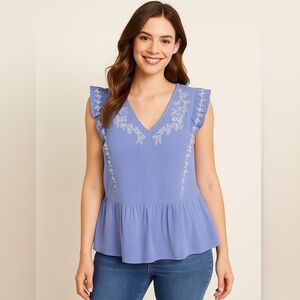 Loft Light Blue Chambray Embroidered Flutter Sleeve Peplum Top, size Large